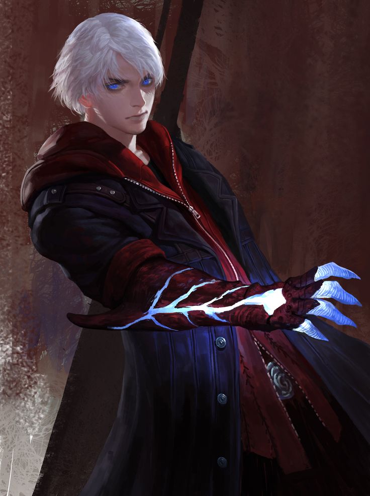 an anime character with white hair and blue eyes is holding his hands out in front of him