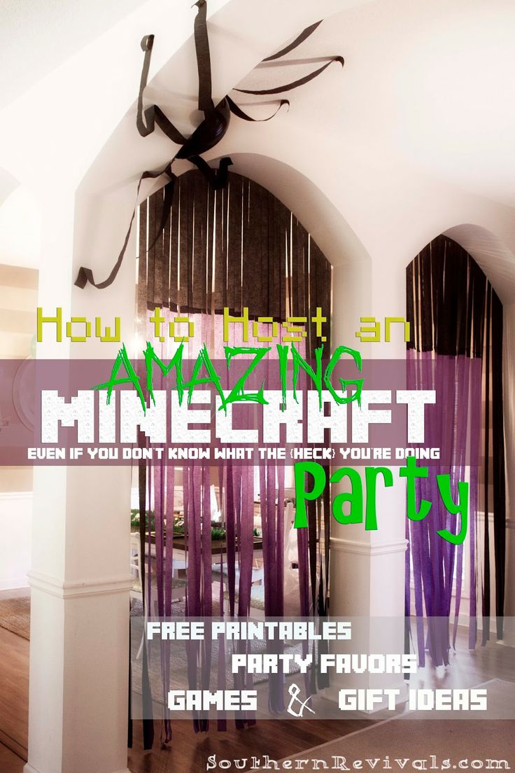 an advertisement for a minecraft party with purple and green streamers hanging from the ceiling