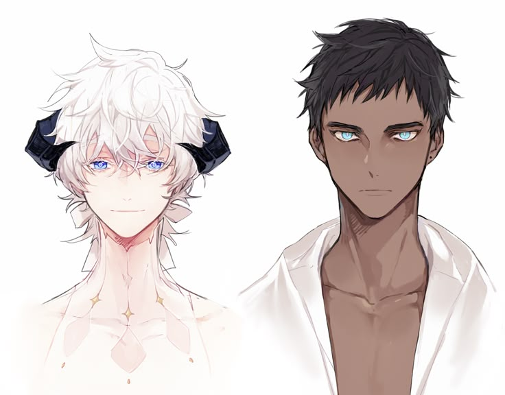 two male anime characters with blue eyes and white hair, one is wearing black ears