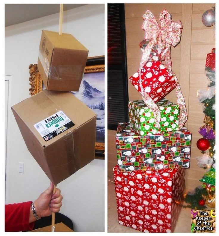 two pictures side by side, one with wrapped presents and the other has stacked boxes