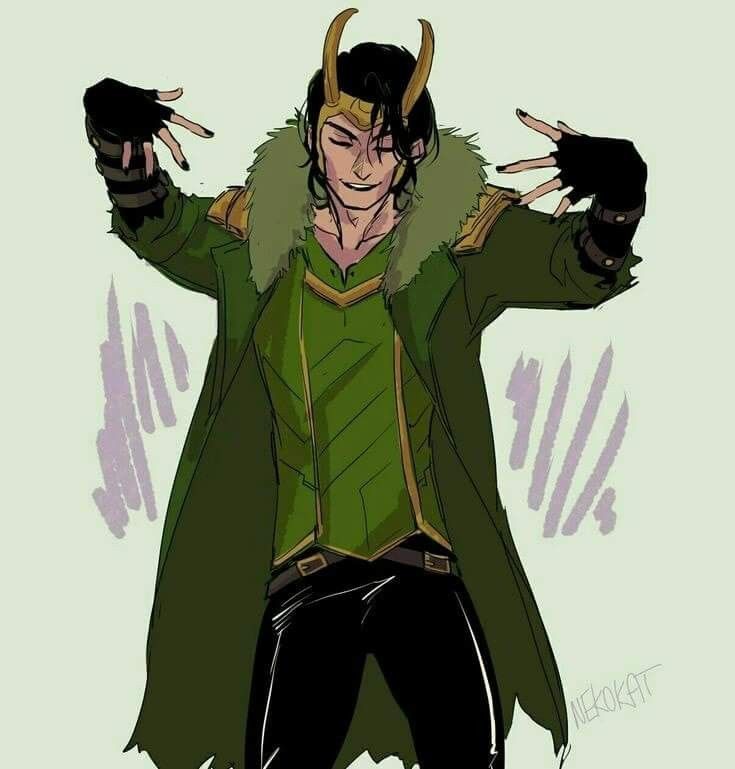 a drawing of a male character with horns on his head and hands in the air