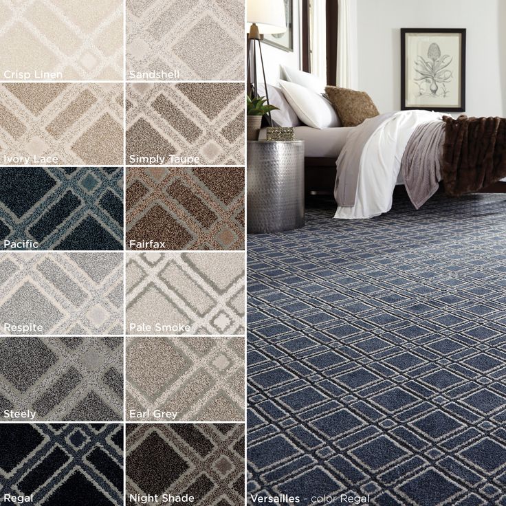 carpet swatches with different colors and patterns in the same room, including bedding