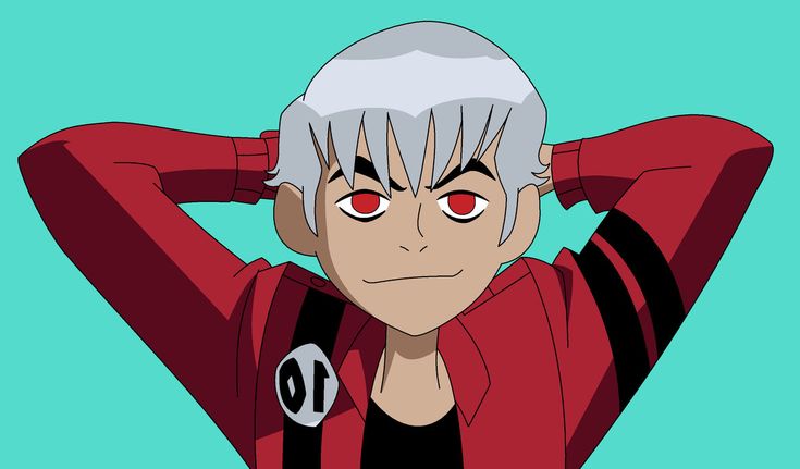 an anime character with white hair and red eyes is holding his hands behind his head