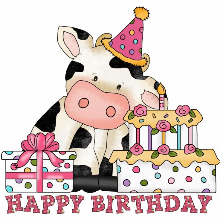 a happy birthday card with a cow and cake