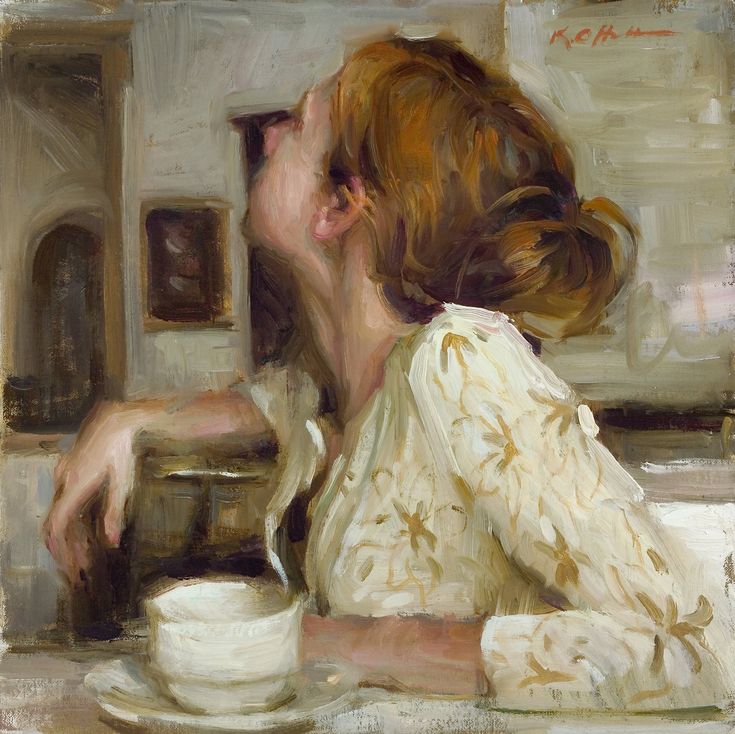 a painting of a woman sitting at a table with a cup and saucer in front of her