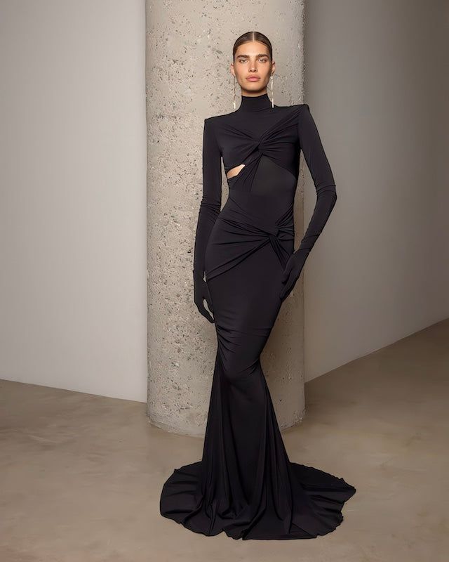 Structured Dress Couture, Black High Neck Evening Dress For Gala, Black Fitted High Neck Evening Dress, High Neck Fitted Formal Gown, High Neck Fitted Gown For Formal Events, High Neck Fitted Gown For Formal Occasions, High Neck Fitted Maxi Dress For Gala, Fitted High Neck Evening Dress For Wedding, Stretch High Neck Gala Dress