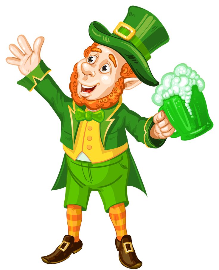 a lepreite holding a mug of beer and waving