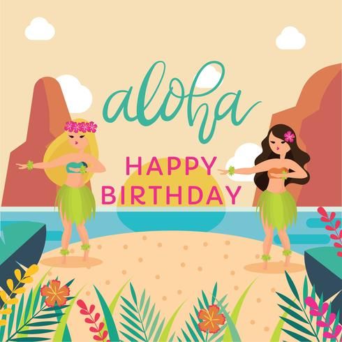 two hawaiian hula dancers on the beach with happy birthday message in front of them