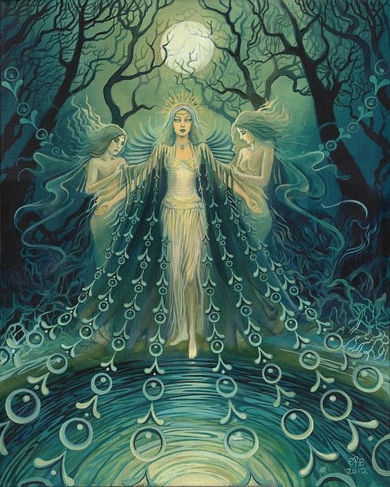 an angel standing in the middle of a forest with trees and water around it, surrounded by