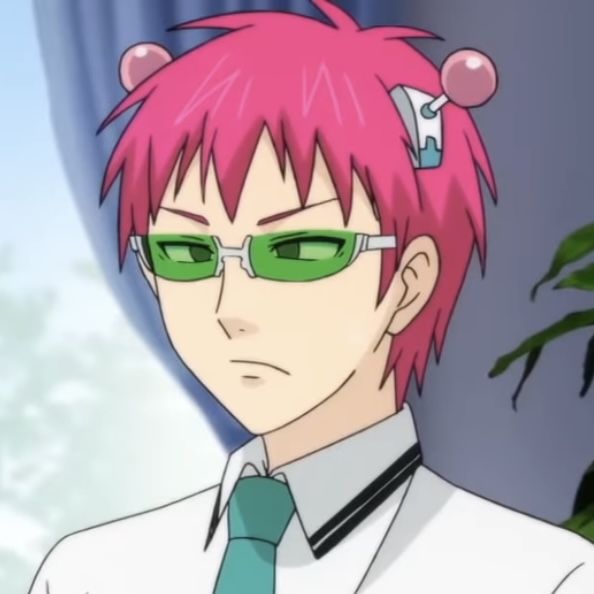 a man with pink hair wearing glasses and a green tie is staring at the camera