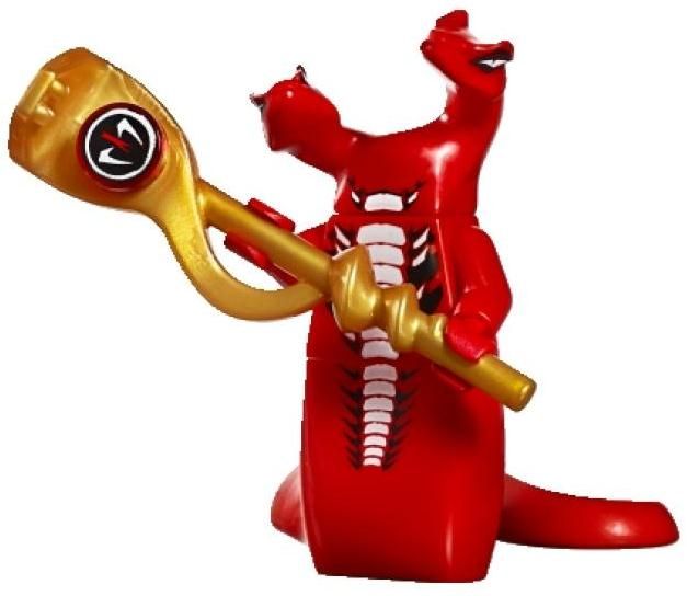 a red and gold figurine is holding a golden spoon in it's mouth