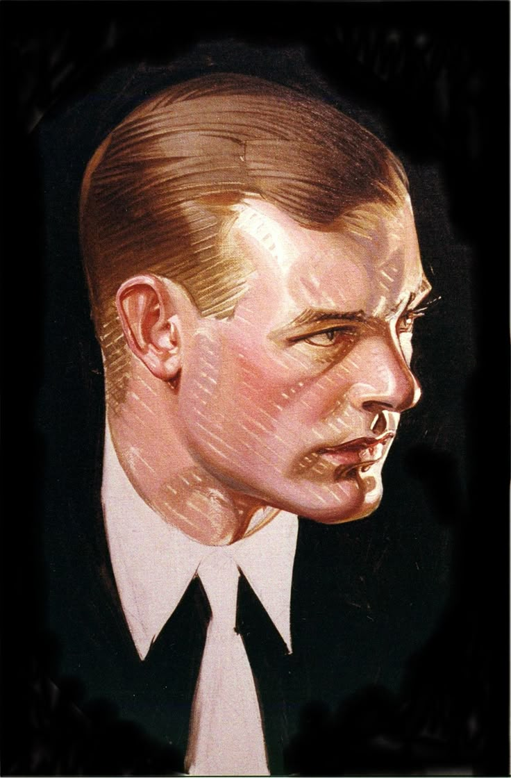 a painting of a man in a suit and tie looking to his left with one eye open