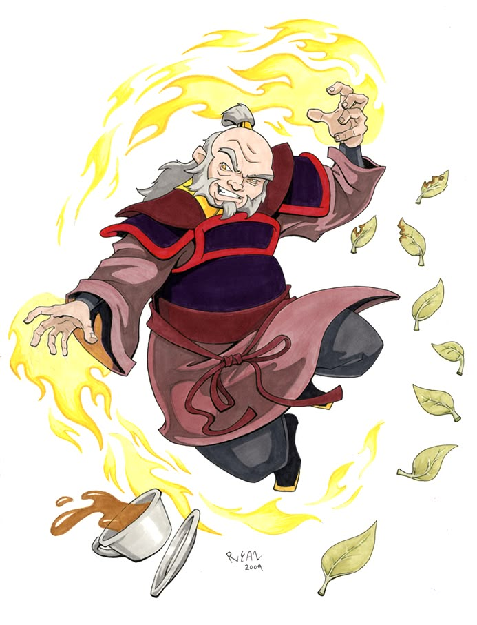 an old man flying through the air with fire coming out of his mouth and hands