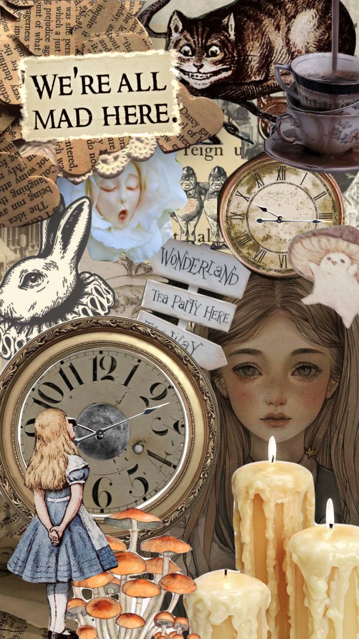 Wonderland Aesthetic Room, Wallpaper Iphone Alice In Wonderland, Wonderland Core, Alice In Wonderland Desktop Wallpaper Aesthetic, Alice In Wonderland Collage Art, Alice In Wonderland Collage Wallpaper, Alice Core, Wallpaper Musik, Alice In Wonderland Shuffle