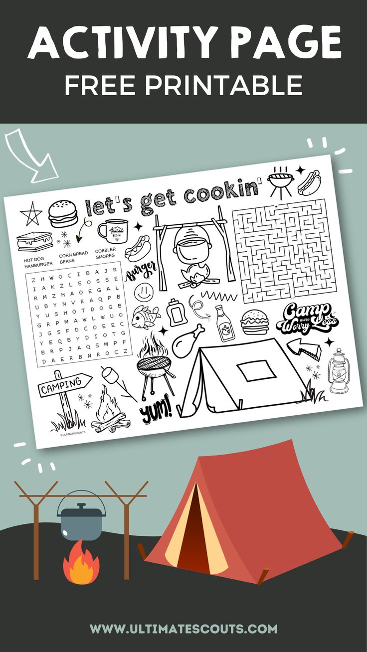 a camping activity page with the words, let's get cookin and an image of