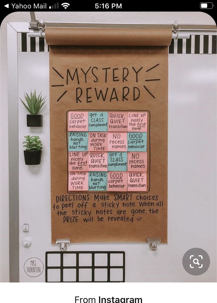 a bulletin board with words written on it and a potted plant next to it