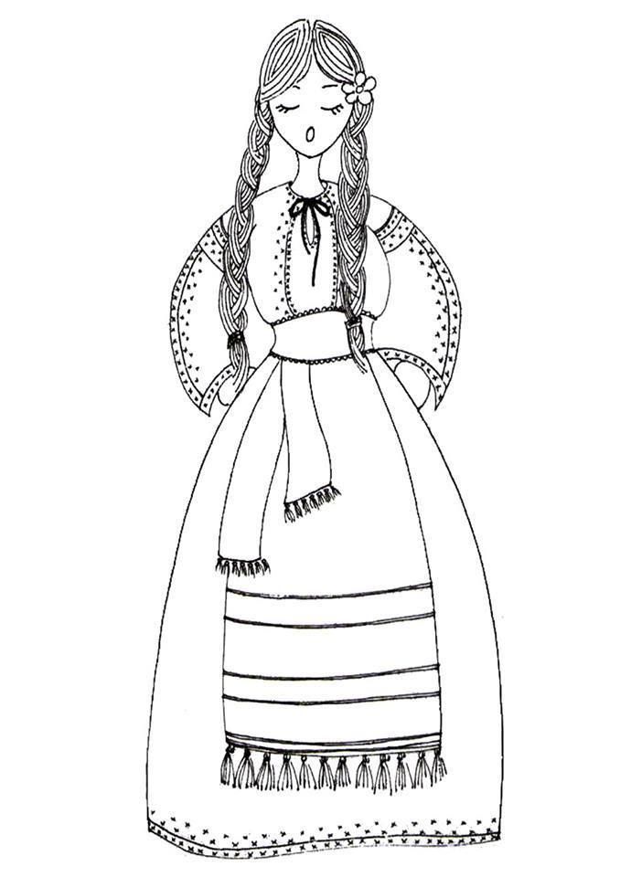 a black and white drawing of a girl in a dress with long hair wearing a bonnet