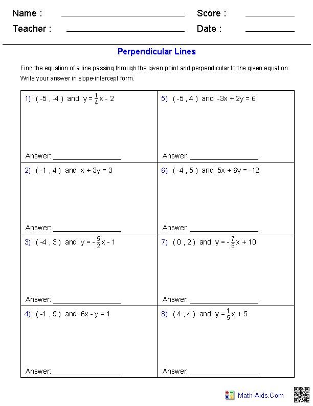 worksheet showing the properties of perpendicular lines and their corresponding slope intercepts for students