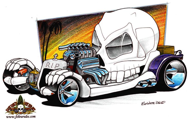 a drawing of a car with a skull on the front