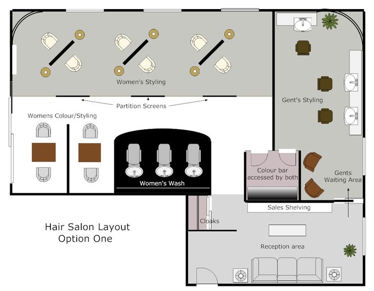 the floor plan for a salon with seating and an open concept kitchen, dining area