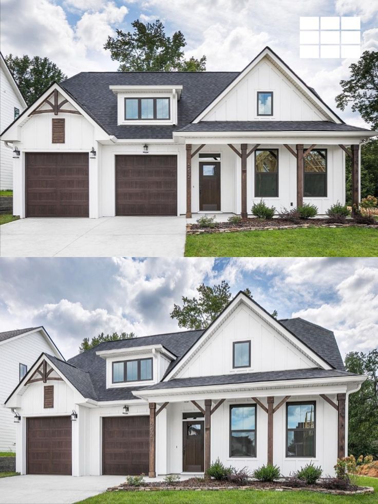 two pictures of the front and side of a white house with brown garage doors on each door