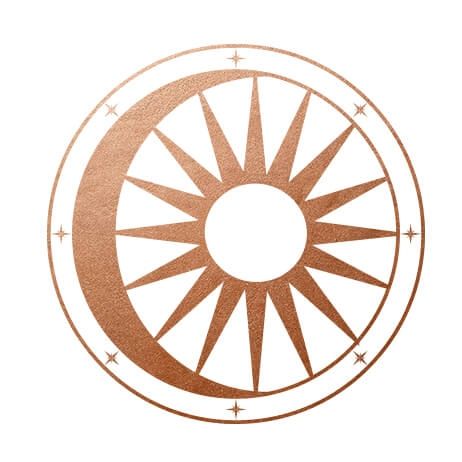 the sun and moon symbol is made out of copper foil on a white background with stars