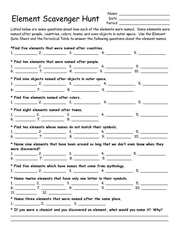 Hunting The Elements Worksheets