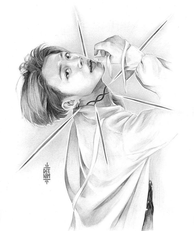 a pencil drawing of a woman with scissors in her hand and looking up at the sky