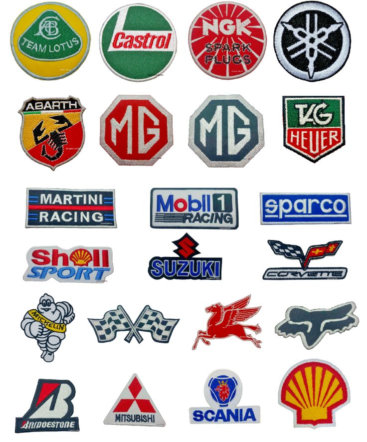 many different types of stickers are shown in this image, including logos and emblems