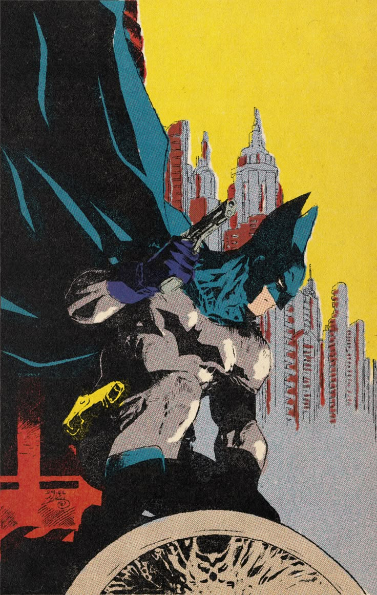 an image of batman on the cover of a comic book with buildings in the background