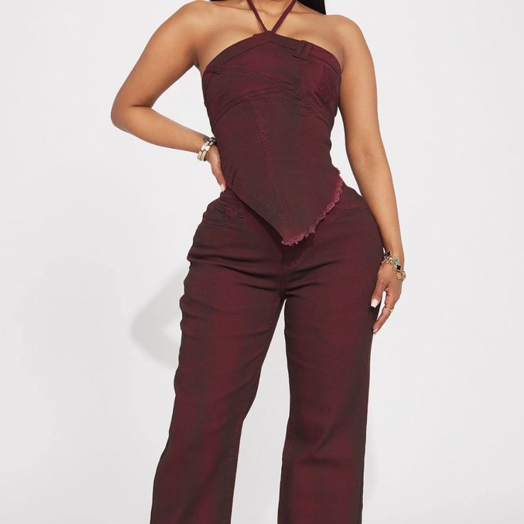 Next Level Washed Denim Set Burgundy New With Tags Modern Egyptian Fashion, Red Corset Top, Red Two Piece, Denim Set, Red Corset, Fashion Nova Outfits, Effortlessly Chic Outfits, Wide Leg Pant, Washed Denim