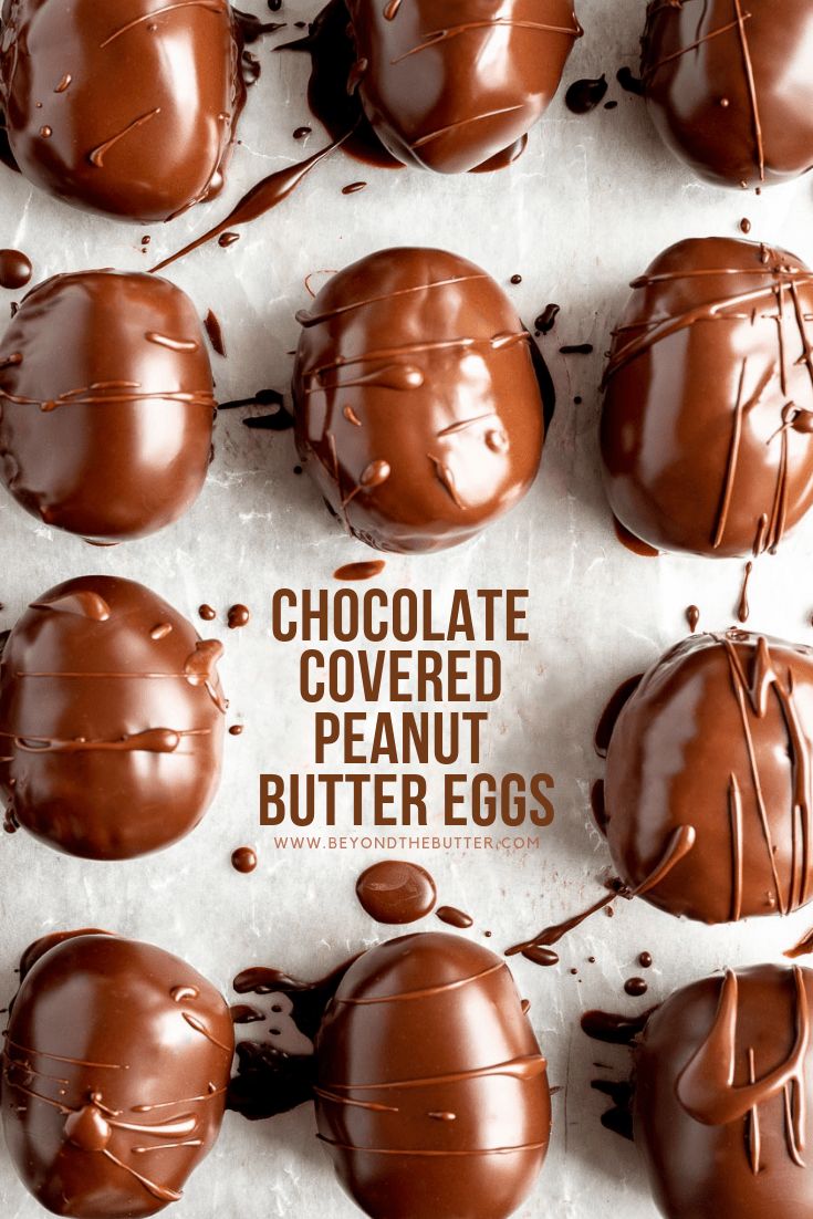 chocolate covered peanut butter eggs are arranged on a sheet of parchment paper with the words, chocolate covered peanut butter eggs