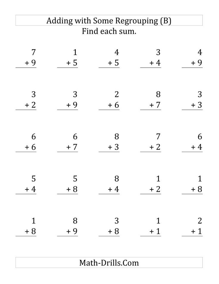 The 25 Single-Digit Addition Questions with Some Regrouping (B) Math ...