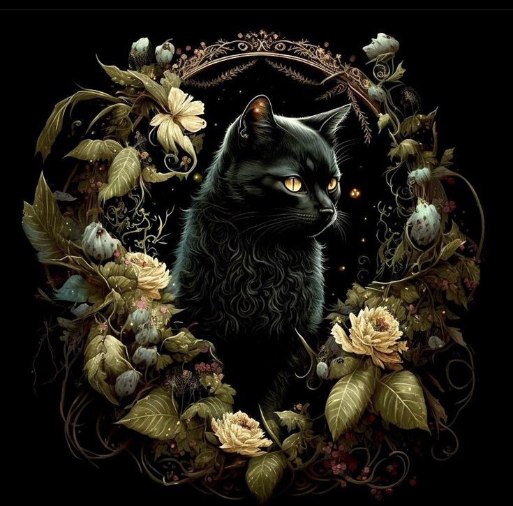 a black cat surrounded by flowers and leaves on a black background with an ornate frame