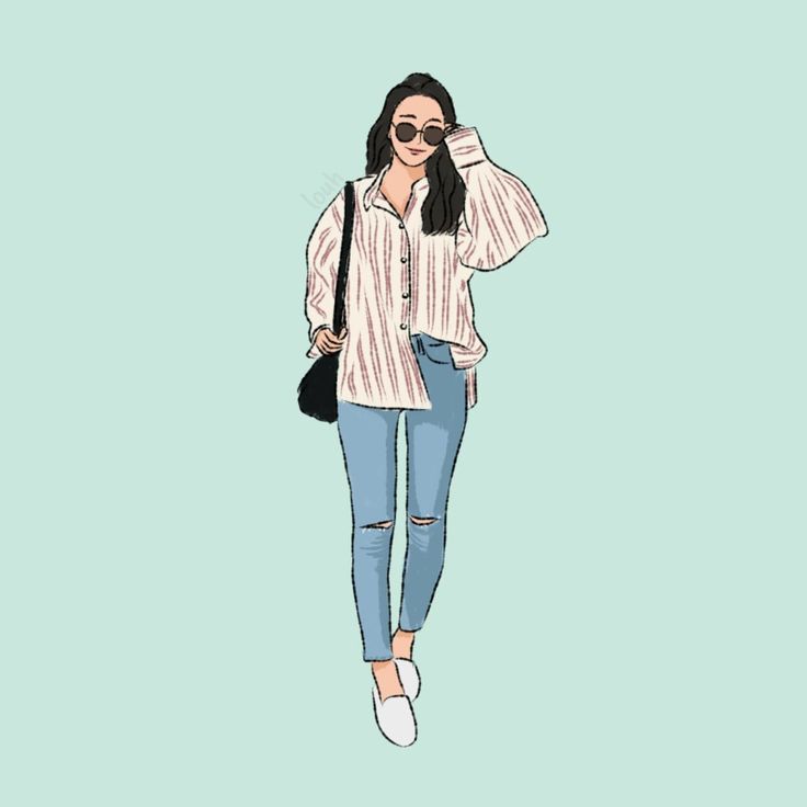 a drawing of a woman in ripped jeans and a striped shirt is walking down the street