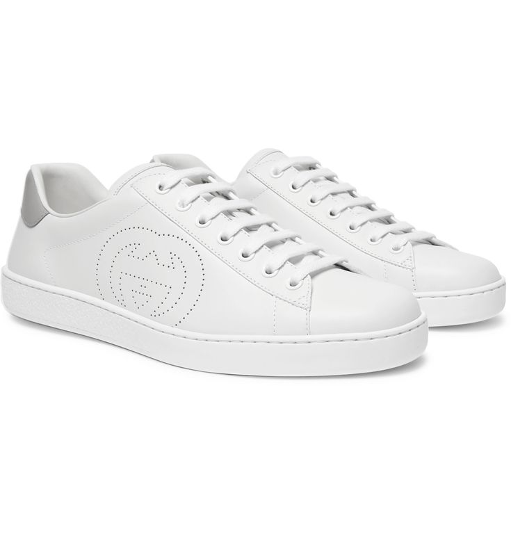 Gucci - New Ace Perforated Leather Sneakers - Men - White Plain White Sneakers, Gucci Ace Sneakers, Sneakers Gucci, Gucci Shoes Sneakers, Leather Sneakers Men, Gucci T Shirt, Gucci Sneakers, Fresh Shoes, Luxury Sneakers