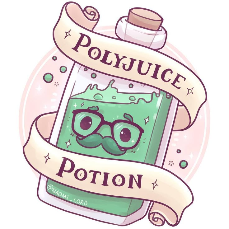 an illustration of a bottle with glasses on it and the words polujuce potion