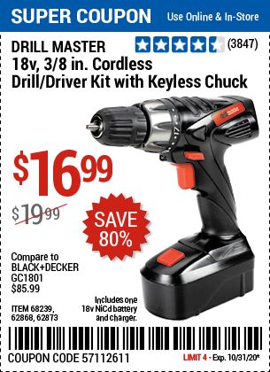 an advertisement for the drill master driller and cordless drill driver kit with keyless chuck