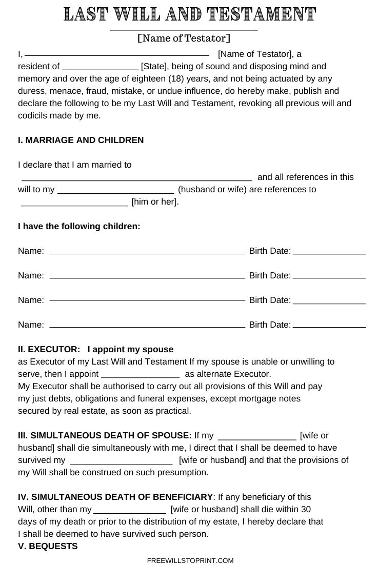 Free Printable Legal Will Forms