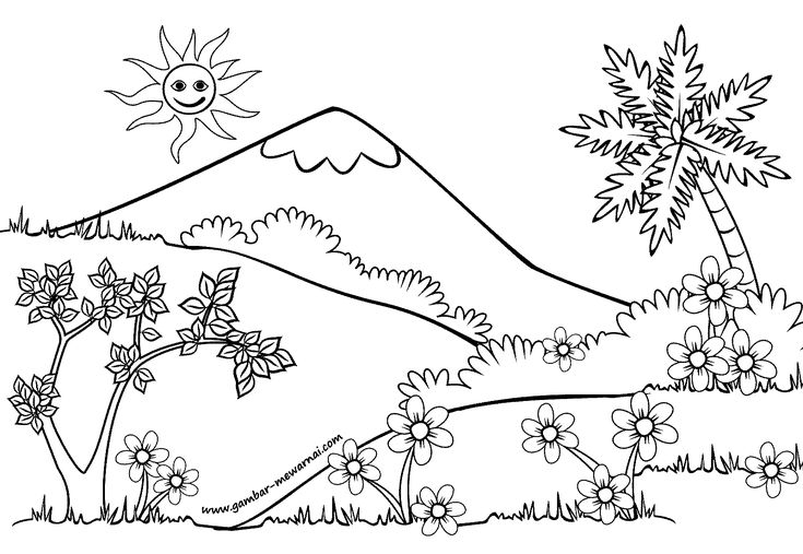 a coloring page with mountains and flowers in the foreground, sun on top of a mountain