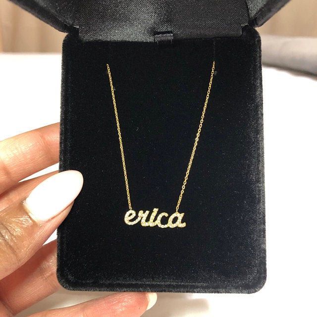 ★★★★★ "I LOVE it! 💖💖💖 No words or pictures can really capture this DAZZLING piece! You will not be disappointed. The level of customer service was A+ on assisting me with my custom diamond name necklace. I will definitely make another purchase in the future." ~Erica Classic Diamond Initial Pendant Necklace Gift, Classic Initial Pendant Diamond Necklace As Gift, Luxury Personalized Sterling Silver Name Necklace, Personalized 14k Gold Birthstone Necklace For Anniversary, Elegant Yellow Gold Initials Name Necklace, Elegant Yellow Gold Birthstone Necklace For Personalized Gift, Elegant Yellow Gold Birthstone Necklace As Personalized Gift, Signature Jewelry With Initials For Personalized Gift, Elegant Gold Birthstone Necklace For Birthday