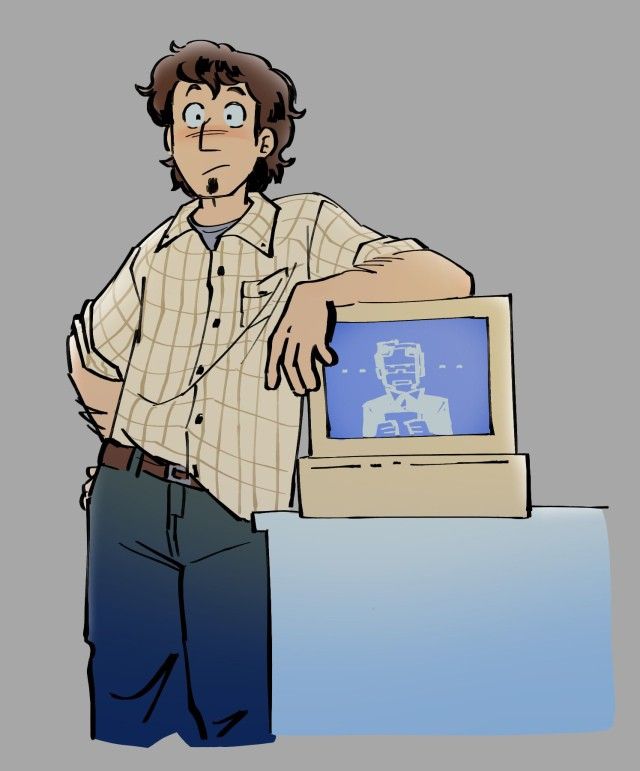 a man standing in front of an old computer with his hand on the monitor screen