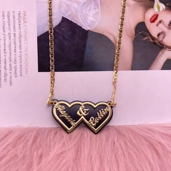 Material: Copper. Color: Gold. Process: Gold plated.  Chain Length: 14",16",18",20",22".  Recipient: Women, Mom, Wife, Girl Friend, Children.  Product Type: Personalized Jewelry.  Gift Type: Necklace.  Occasions: Valentine's Day, Mother's Day, Christmas, Birthday, etc.  Necklace Type: Necklace.  Brand: Silviax Jewelry. Couples Necklaces, Couple Necklace, Valentines Couple, Couple Necklaces, Elegant Necklace, Custom Name Necklace, Couple Gift, Double Heart, Two Hearts