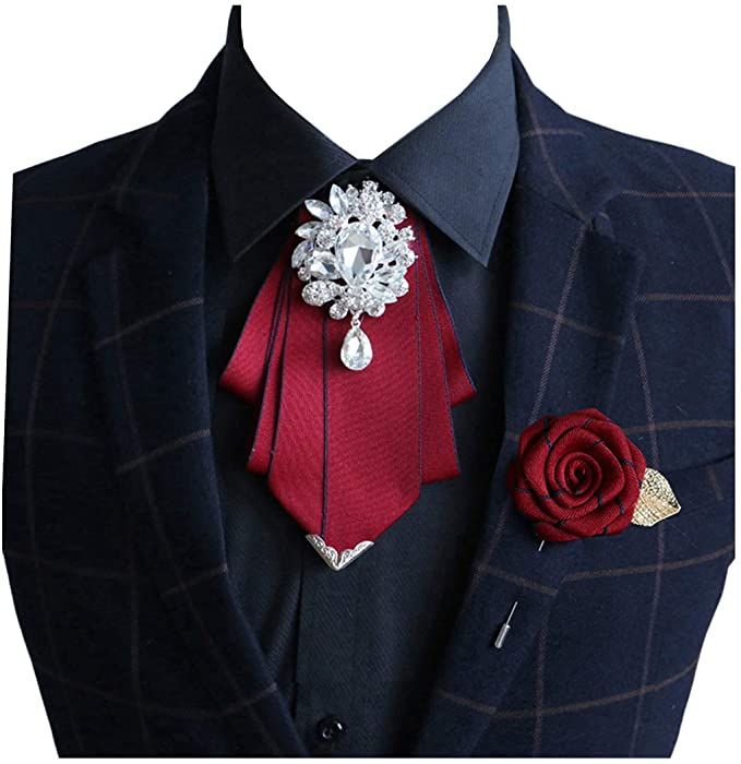 MOHSILY Burgundy Silk Ribbon Crystal Men Pre-tied Neck Tie Brooch Pin Bow Tie Party Gift at Amazon Men’s Clothing store Bowties Men's, Tie Crafts, Diamond Bows, Polka Dot Scarf, Bow Tie Collar, Mens Bow Ties, Collars For Women, Suit Accessories, Mode Inspiration