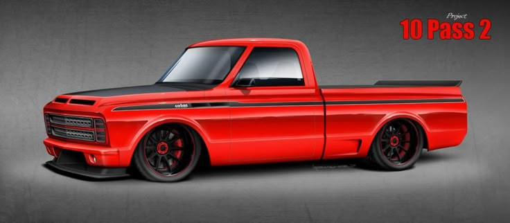 an old red truck with black rims on it's sides and the words 10 pass 2