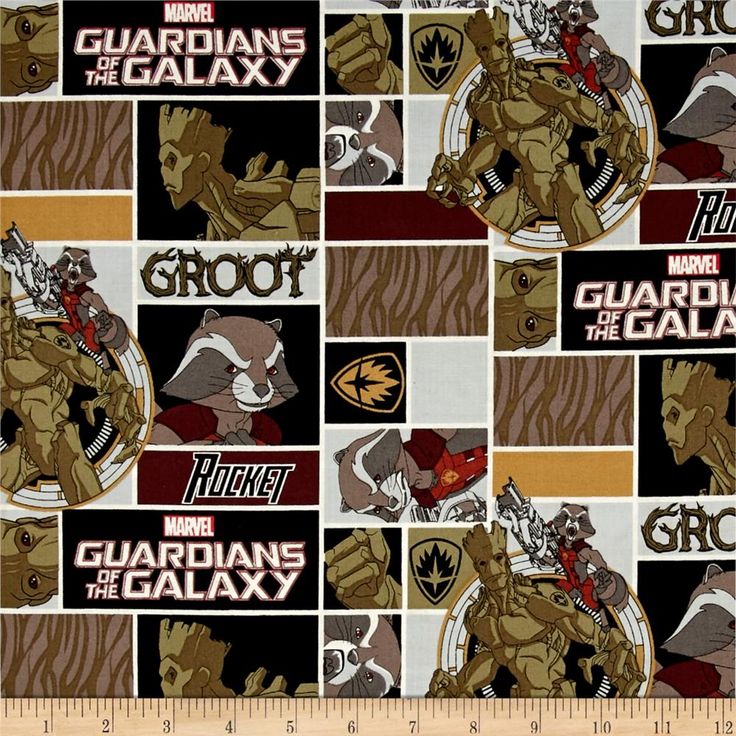 an image of a fabric with the avengers characters in squares and groots on it