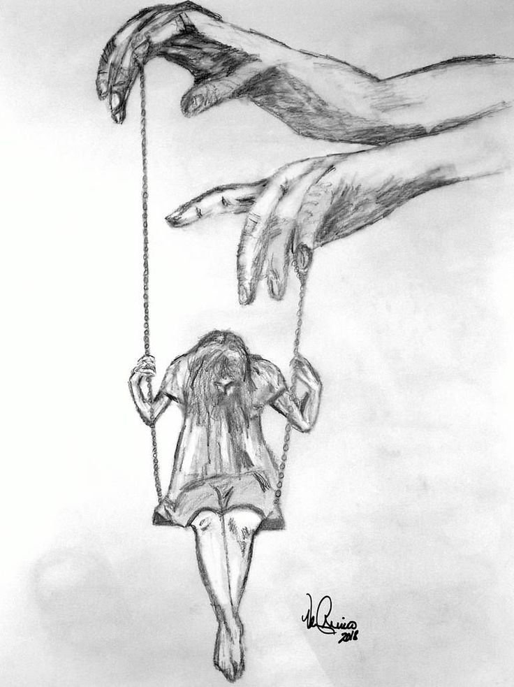 a drawing of two hands holding a woman's hand and swinging on a swing