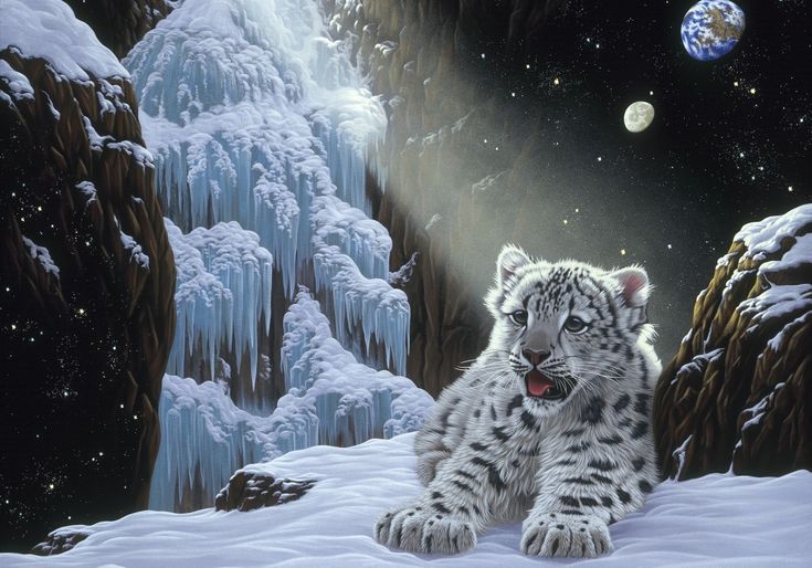 a painting of a white tiger sitting in the snow next to an icy mountain and moon