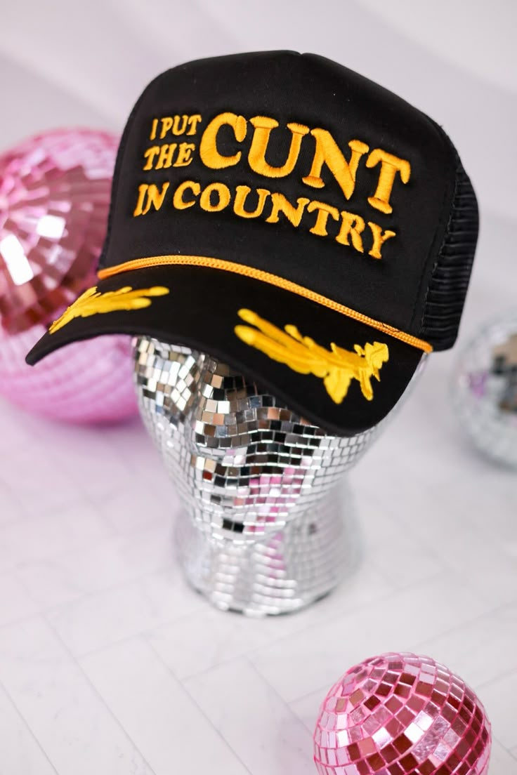 This trucker hat might not be for everyone but it is for someone. This embroidered "I put the C*nt in country" captain trucker hat will surely get some head turns, eye rolls, and laughs. Snack-Back. Funny Hat Ideas, Funny Trucker Hat, Hat Bar, Country Hats, Im So Fancy, Custom Trucker Hats, Biker Aesthetic, Shirt Company, T Shirt Company