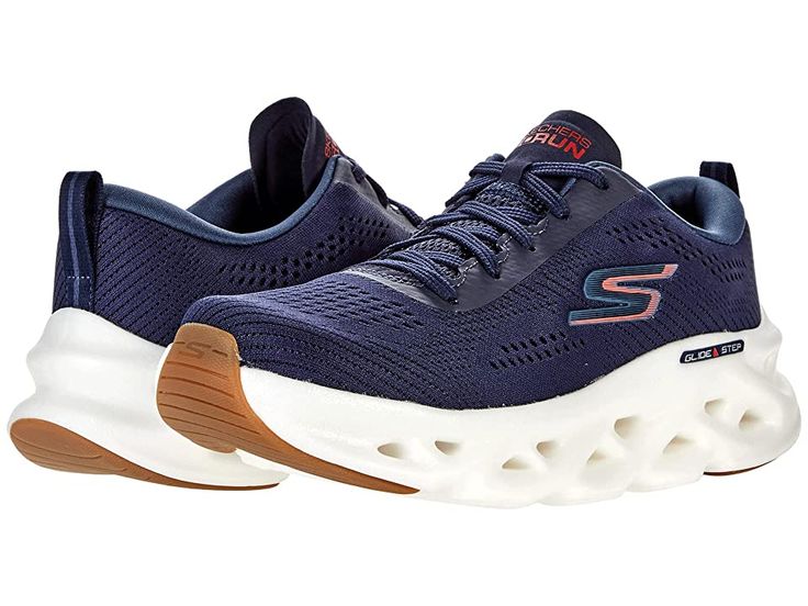 SKECHERS Go Run Glide Step Hyper Burst - Men's Shoes : Navy/Red : This sporty pair of SKECHERS Go Run Glide Step Hyper Burst sneakers are styled with a comfortable air cooled insole that make them perfect for hitting the gym in. Traditional lace-up closure for adjustable fit. Classic SKECHERS logo hits throughout. Textile and synthetic upper. Plush padded tongue and collar. Bumper toe. Round-toe silhouette. Easy pull-tab at heel. Textile lining and insole. Synthetic outsole. Imported. Measuremen Dynamic Lace-up Walking Shoes With Air Cushioning, Lace-up Mesh Running Shoes With Gel Cushioning, Athleisure Sneakers With Air Max Cushioning, Dynamic Lace-up Sneakers With Air Max Cushioning, Breathable High-top Walking Shoes For Sports, Athleisure Sneakers With Boost Midsole For Light Sports, Sporty Lace-up Sneakers With Air Max Cushioning, Sporty Low-top Sneakers With Air Cushioning, Dynamic Running Sneakers With Air Cushioning